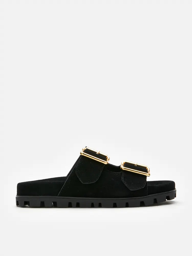 PAZZION, Alaia Buckled Suede Slides, Black
