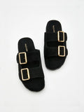 PAZZION, Alaia Buckled Suede Slides, Black