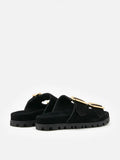 PAZZION, Alaia Buckled Suede Slides, Black