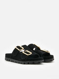 PAZZION, Alaia Buckled Suede Slides, Black