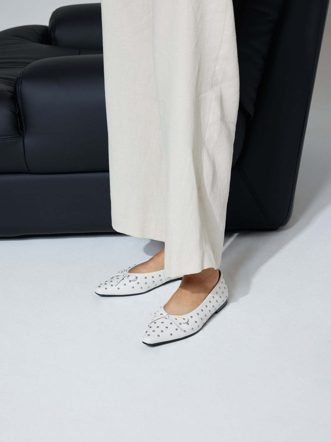 PAZZION, Aliviene Polka Dot Studded Leather Bow Flats, Beige