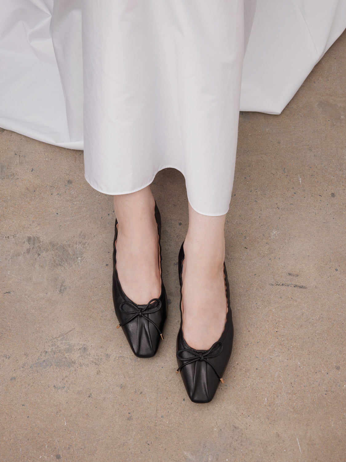 PAZZION, Amara Ruched Bow Leather Flats, Black