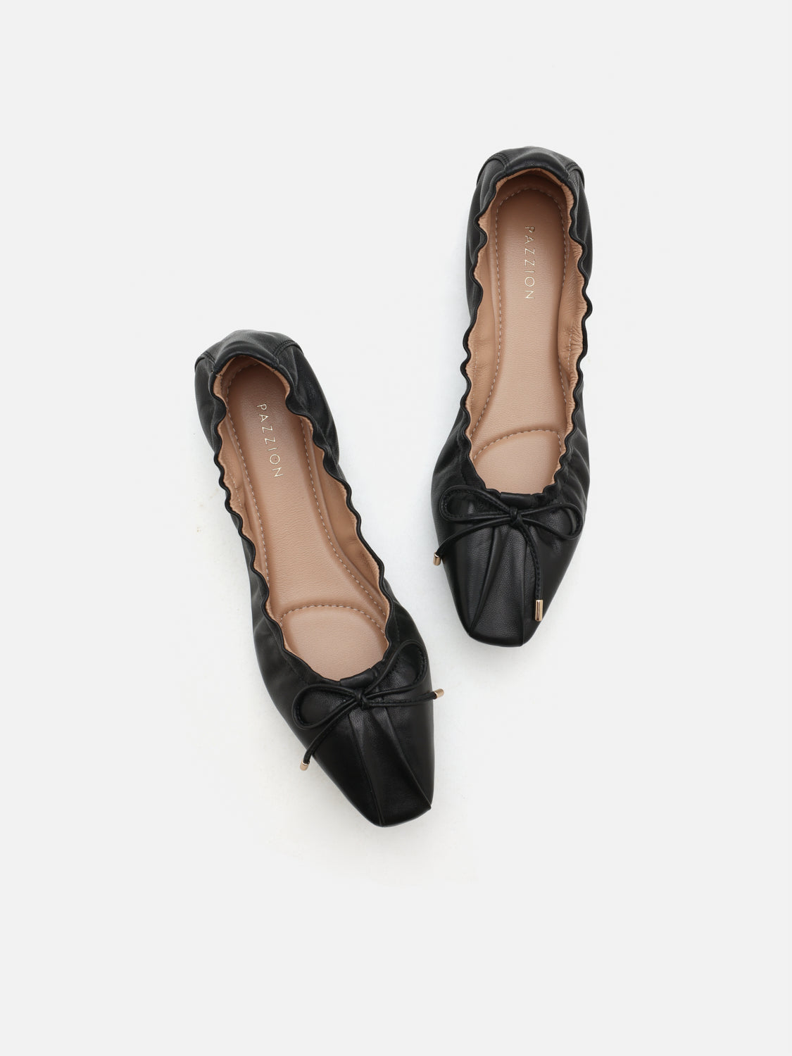 PAZZION, Amara Ruched Bow Leather Flats, Black
