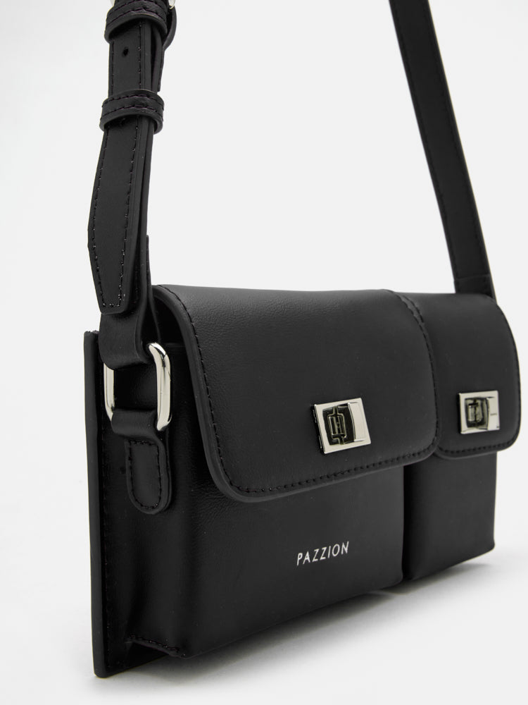 PAZZION, Aviana Double Twist Lock Structured Bag, Black