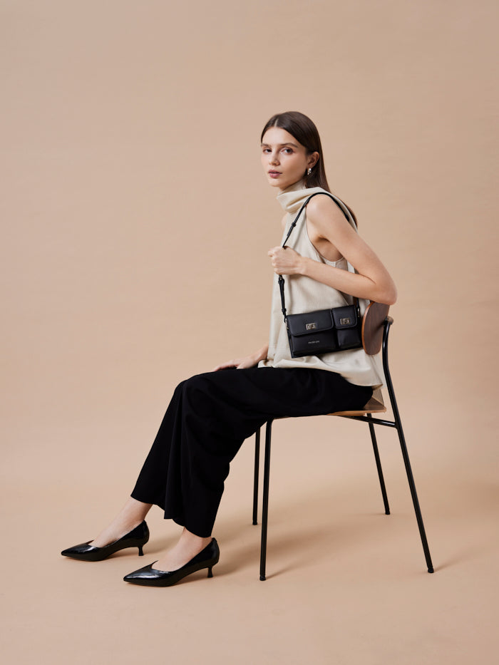 PAZZION, Aviana Double Twist Lock Structured Bag, Black