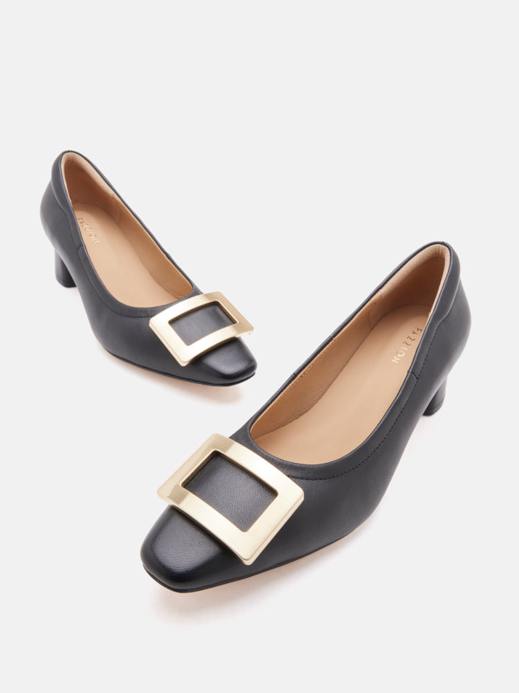 PAZZION, Azalea Buckle Low Block Heels, Black
