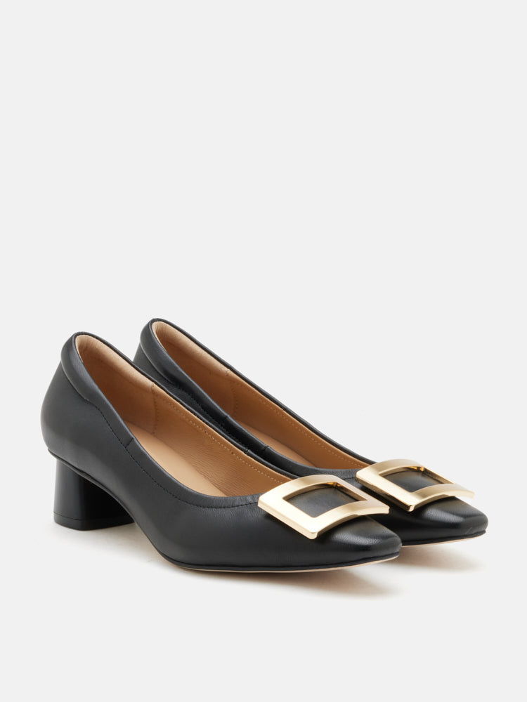 PAZZION, Azalea Buckle Low Block Heels, Black