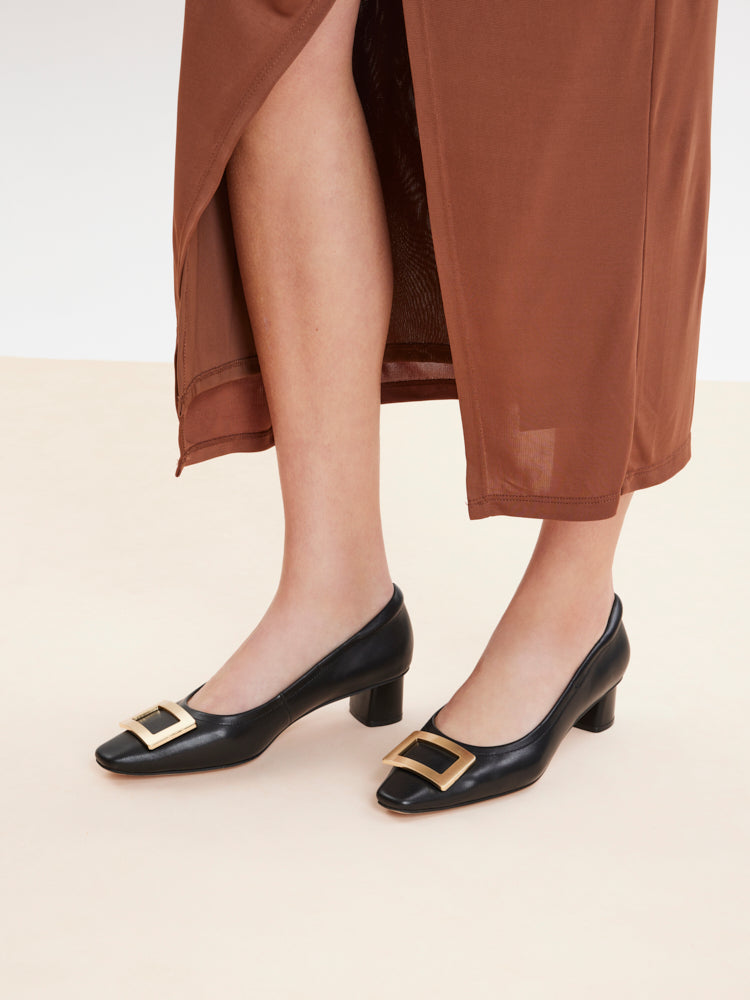 PAZZION, Azalea Buckle Low Block Heels, Black