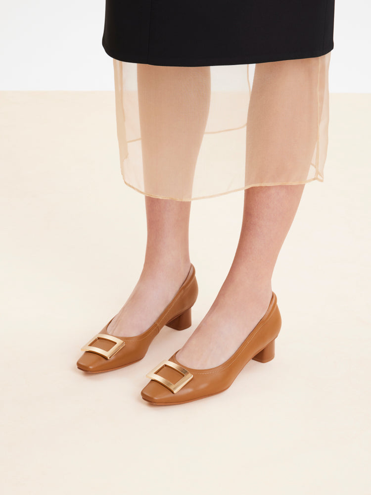 PAZZION, Azalea Buckle Low Block Heels, Brown