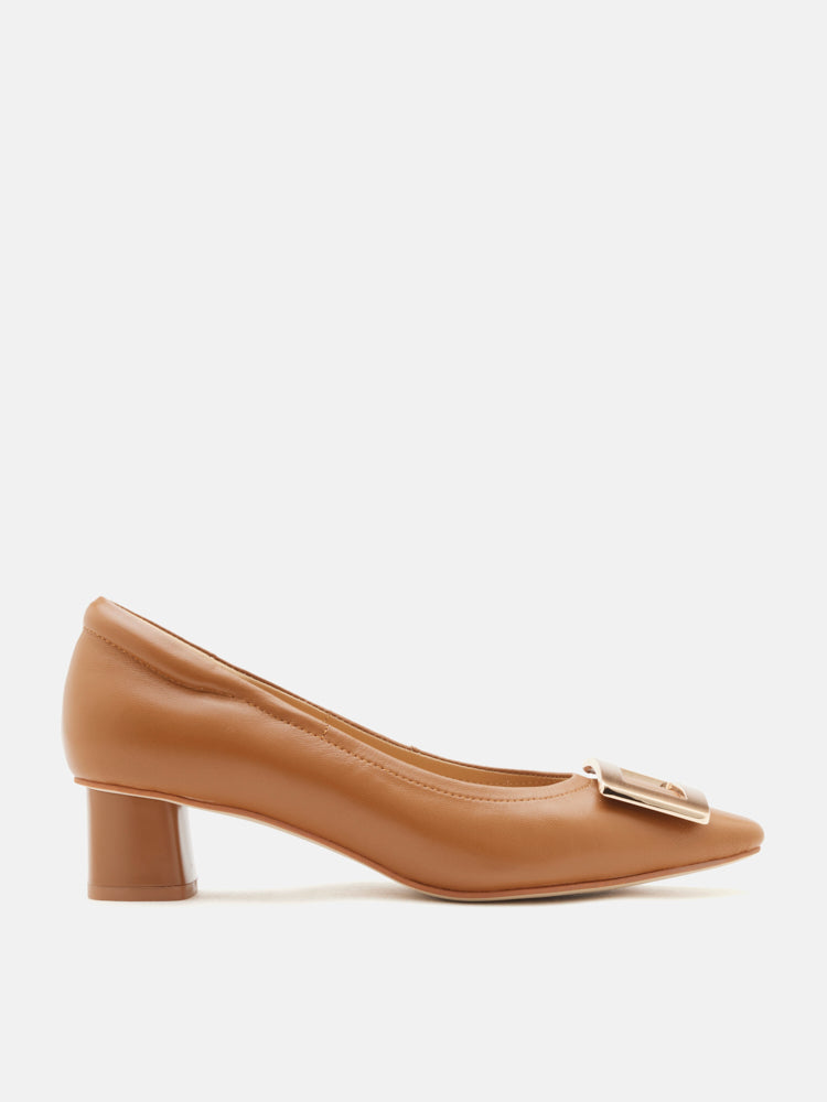 PAZZION, Azalea Buckle Low Block Heels, Brown