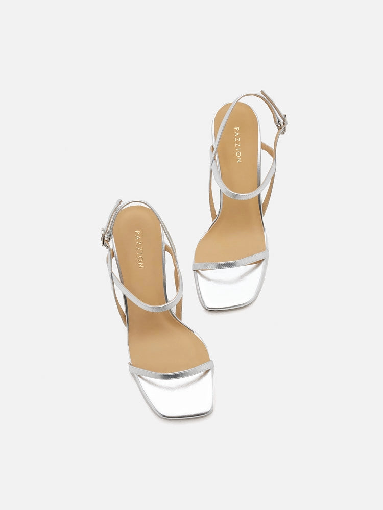 PAZZION, Betsey Metallic Sandal Heels, Silver