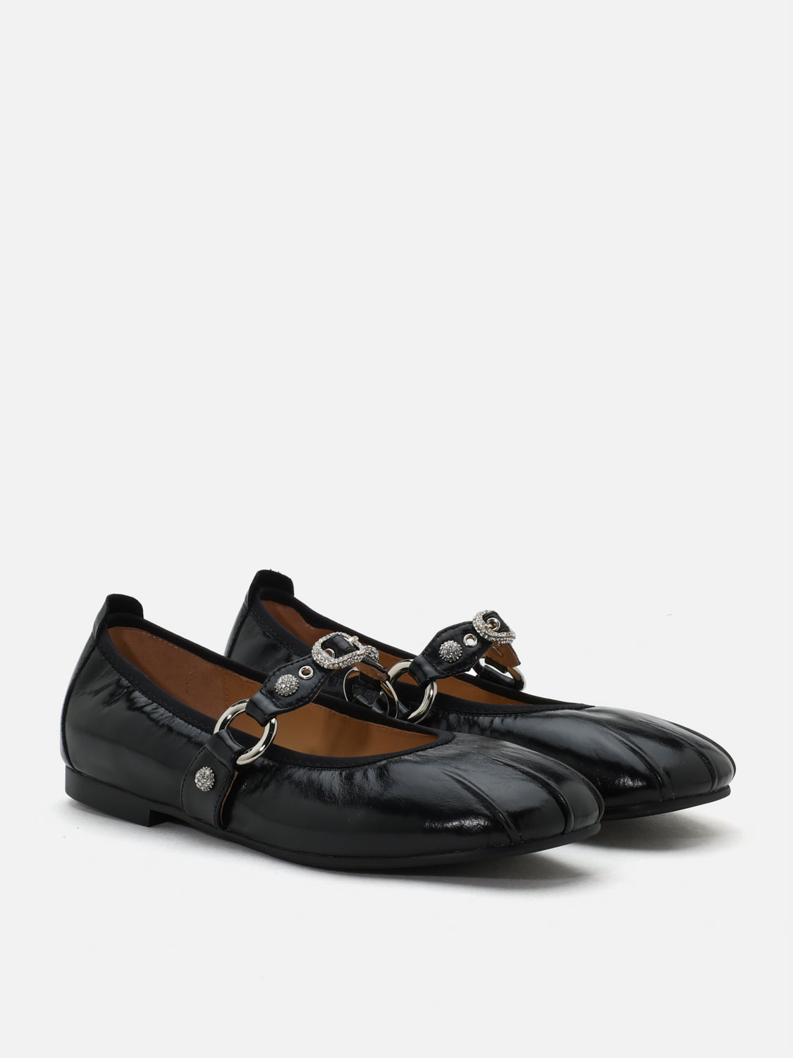PAZZION, Bianca Stud and Buckle Leather Mary Janes, Black