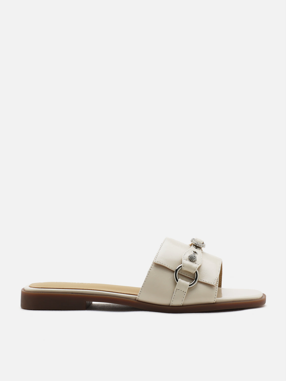 PAZZION, Bianca Stud and Buckle Leather Slides, Beige