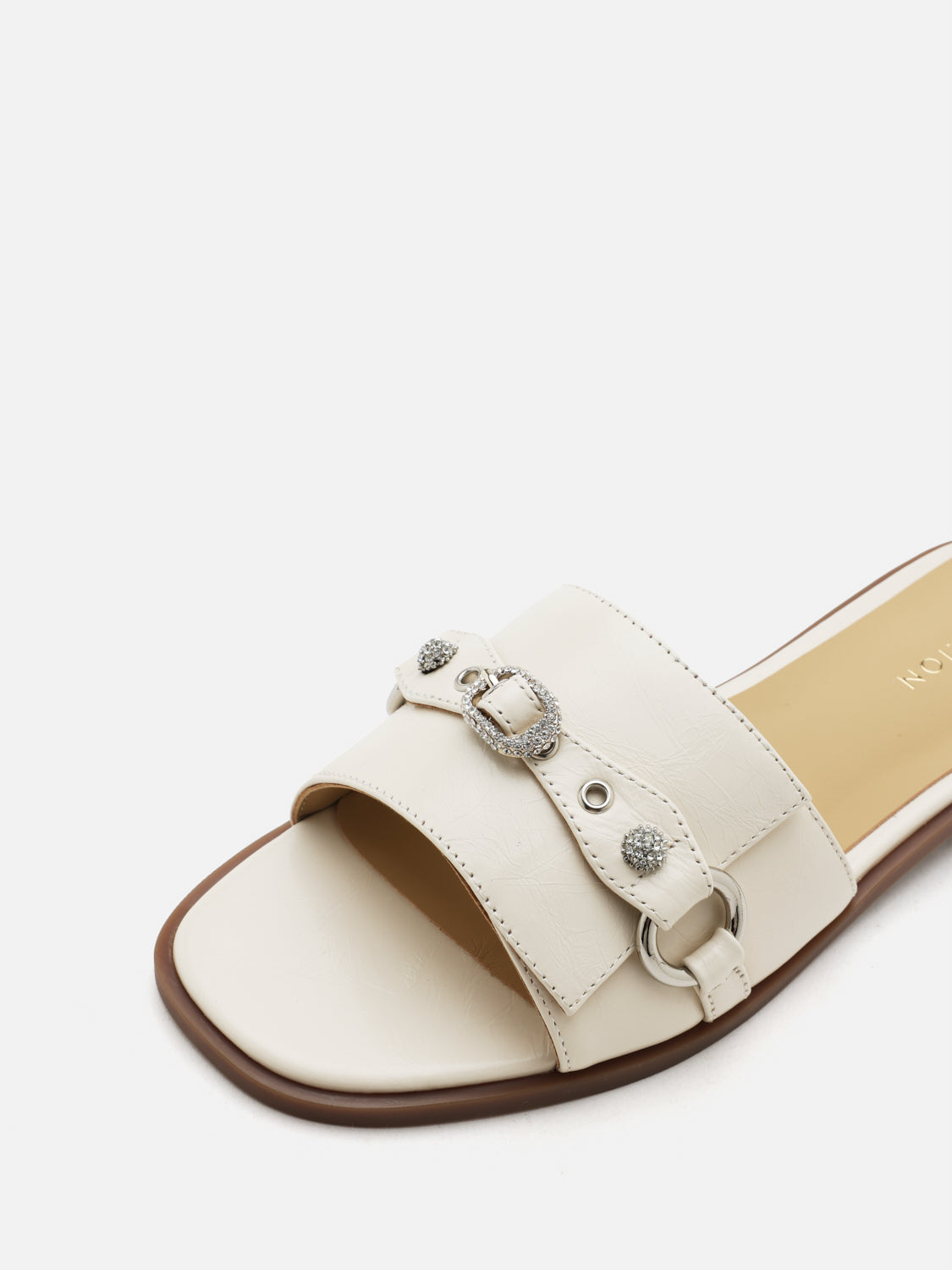 PAZZION, Bianca Stud and Buckle Leather Slides, Beige