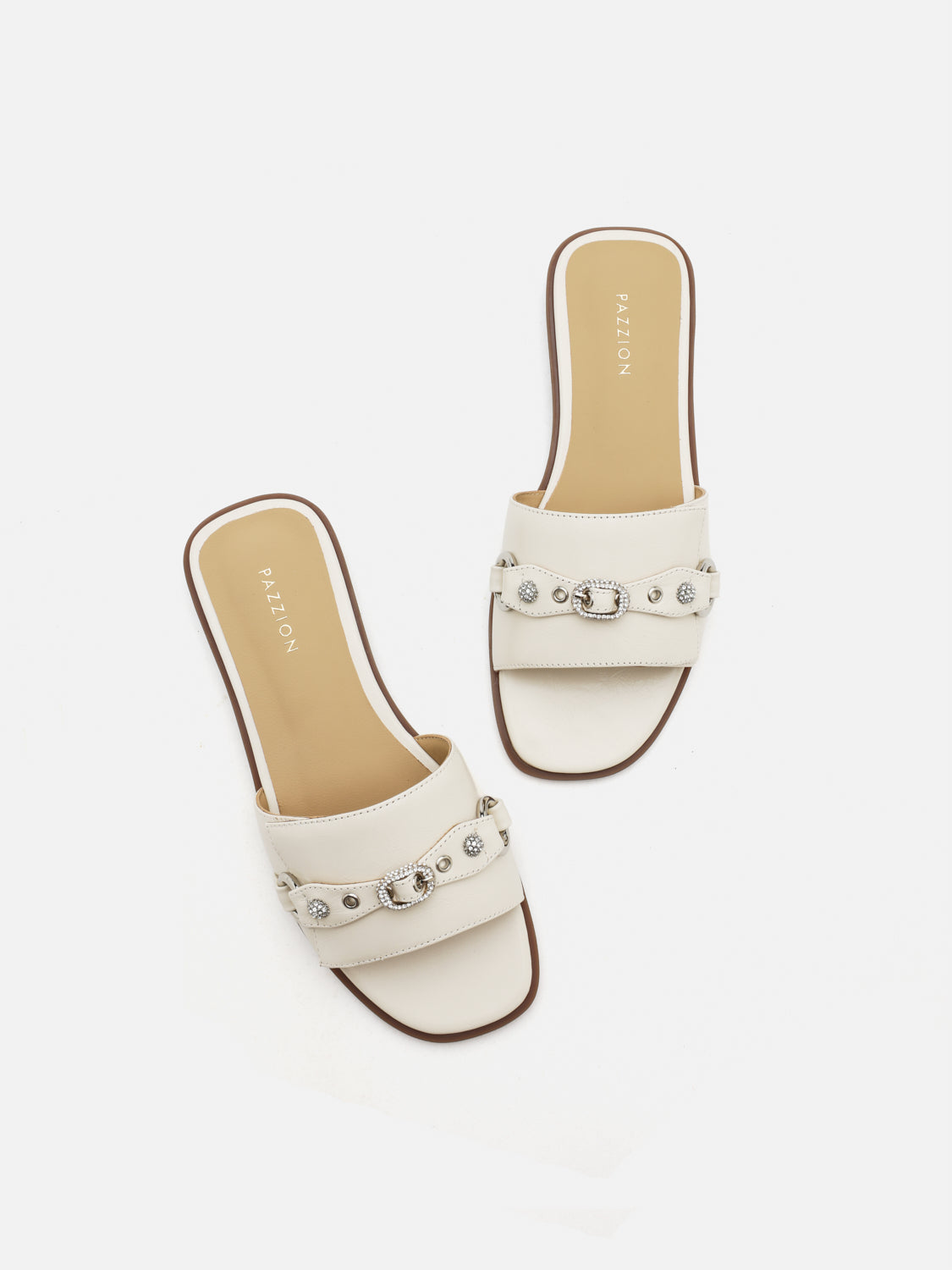 PAZZION, Bianca Stud and Buckle Leather Slides, Beige