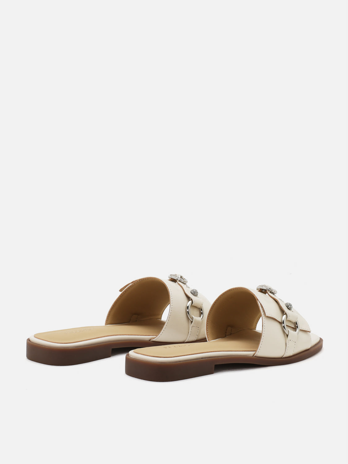 PAZZION, Bianca Stud and Buckle Leather Slides, Beige