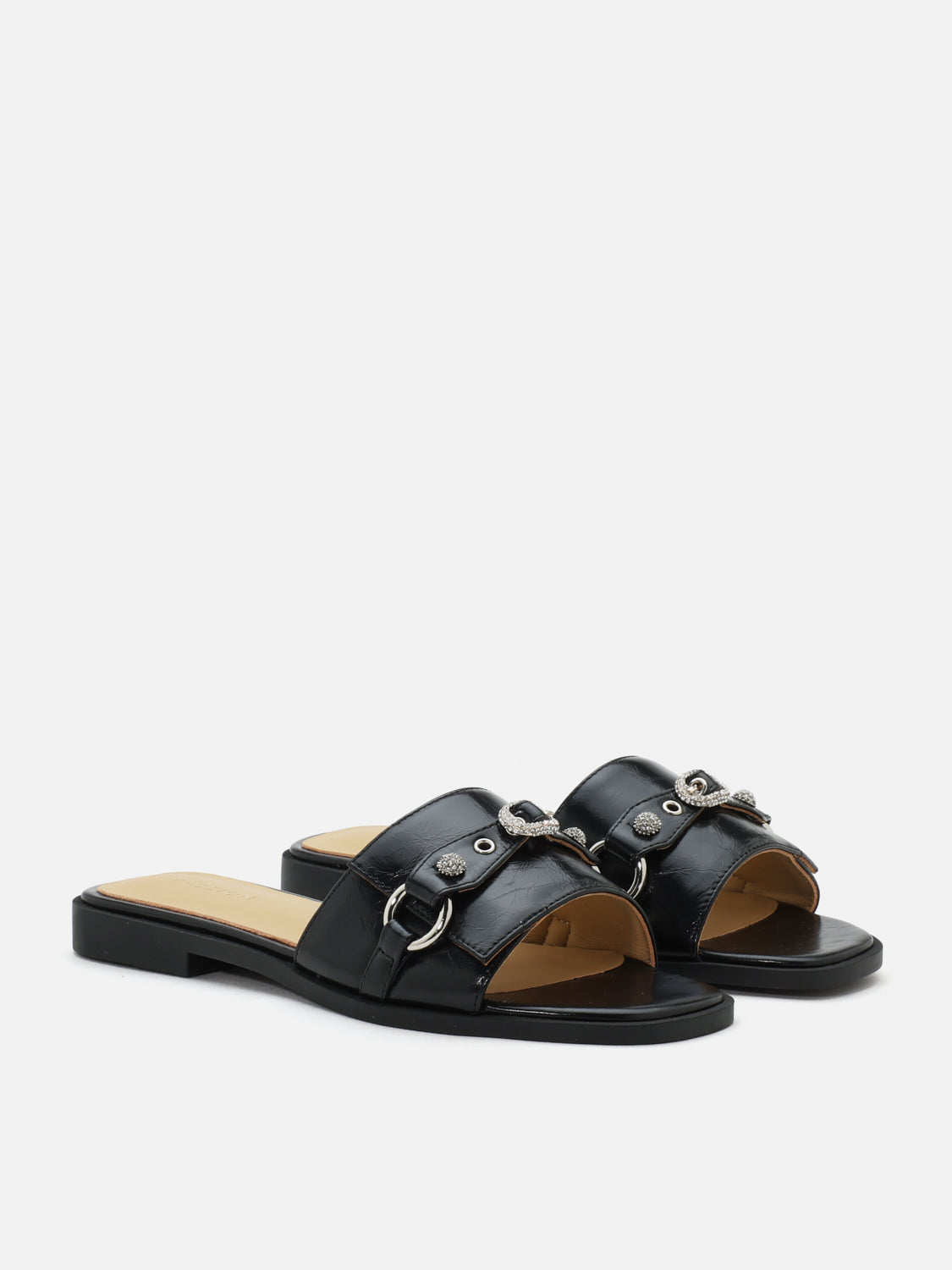 PAZZION, Bianca Stud and Buckle Leather Slides, Black