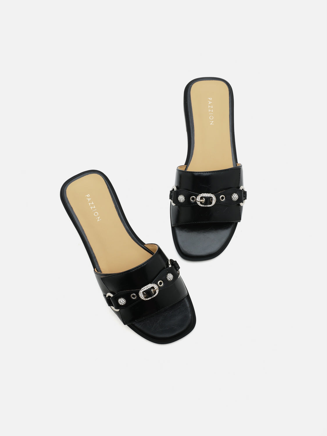 PAZZION, Bianca Stud and Buckle Leather Slides, Black