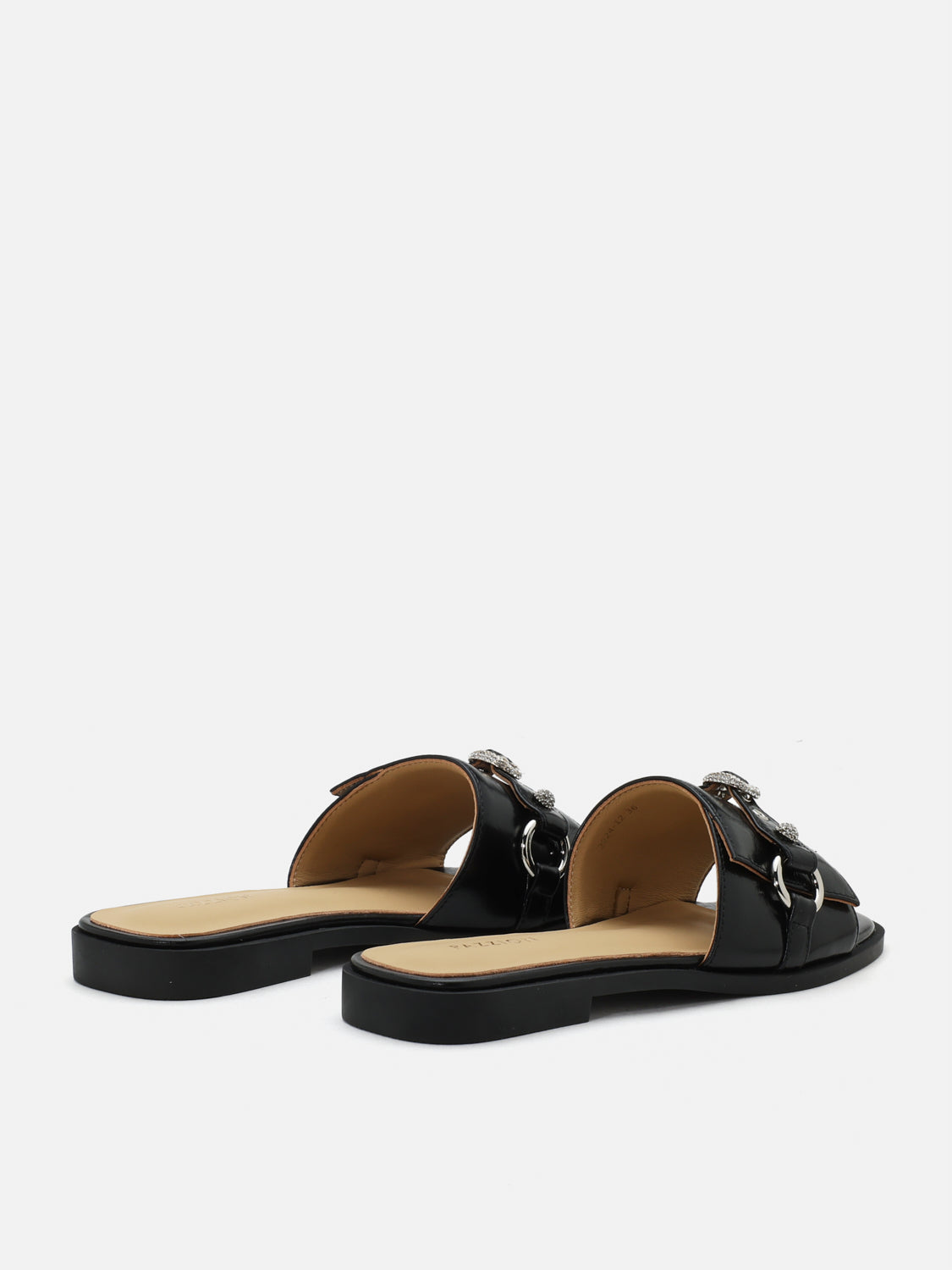 PAZZION, Bianca Stud and Buckle Leather Slides, Black