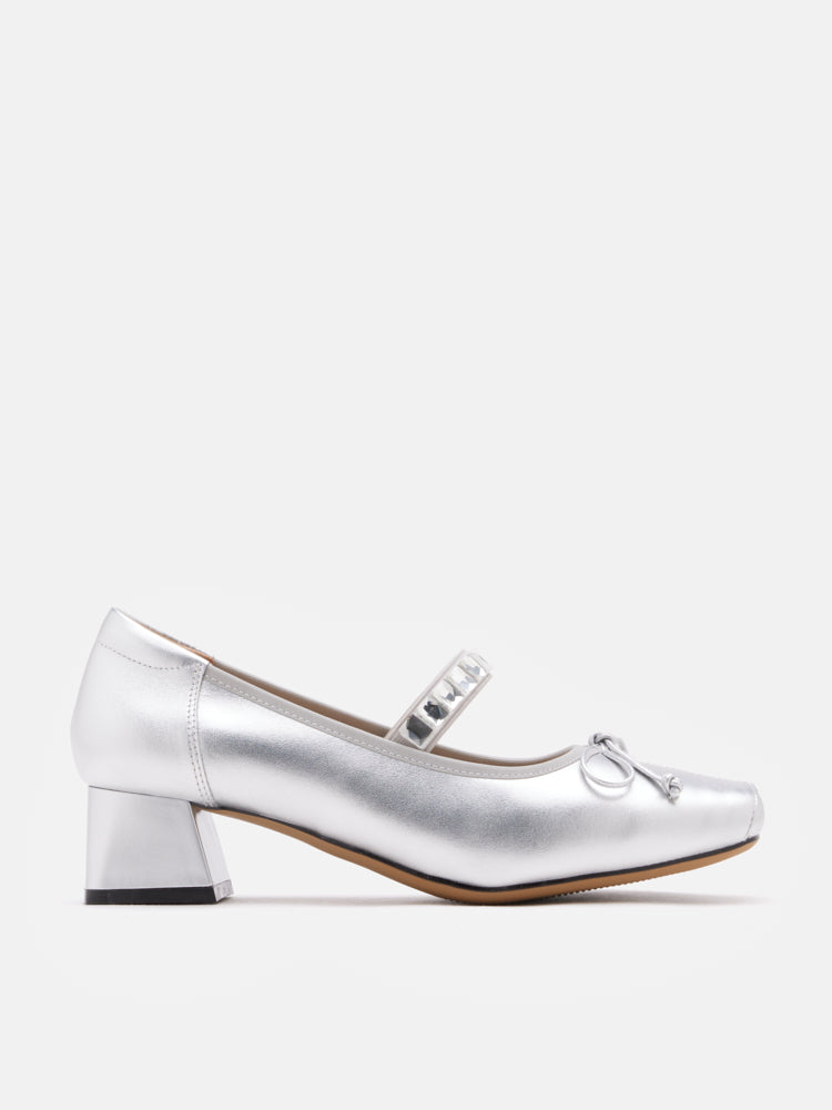 PAZZION, Billie Crystal-Embellished Bow Mary Jane Heels, Silver