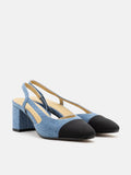 Blythe Denim Lambskin Toe Cap Block Heels