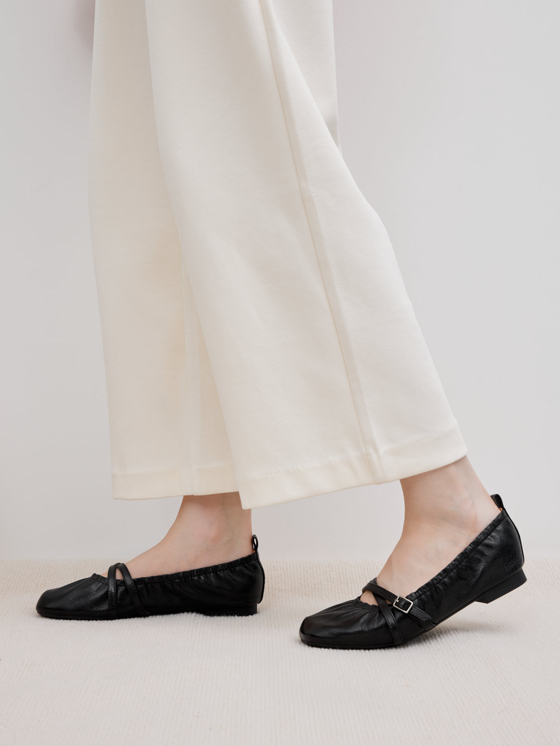 PAZZION, Bonnie Ruched Leather Flats, Black