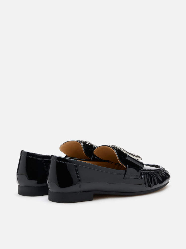 PAZZION, Calista Patent Leather Buckled Bow Loafers, Black