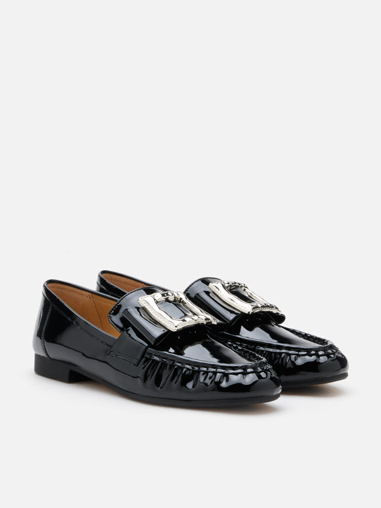 PAZZION, Calista Patent Leather Buckled Bow Loafers, Black