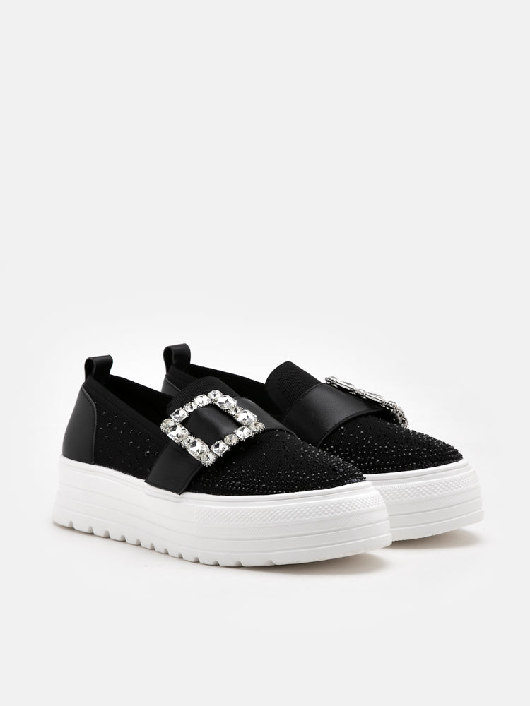 PAZZION, Callie Crystal Embellished Buckle Sneaker, Black