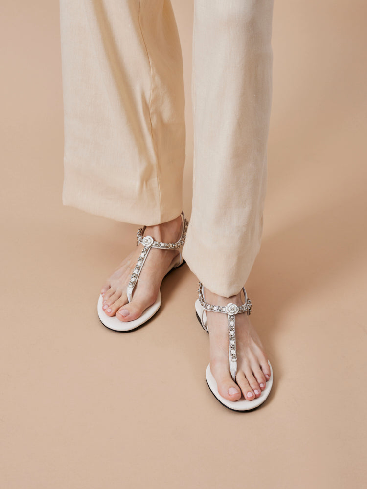 PAZZION, Camelia Embellished T-bar Sandals, Beige