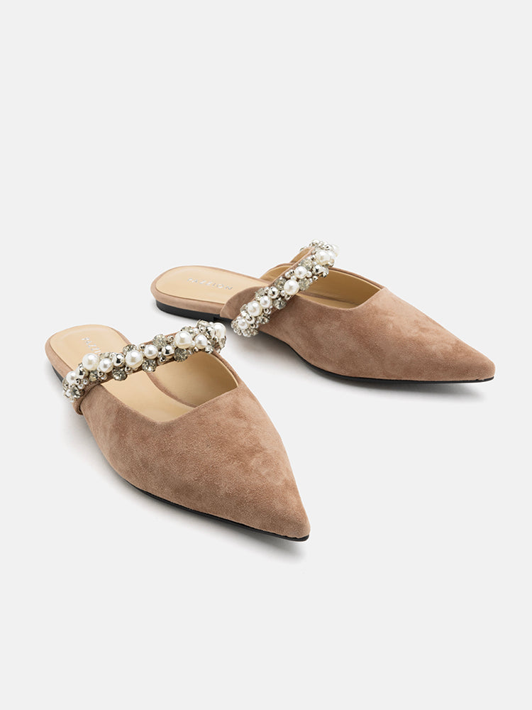 Camila Pearl and Crystal Embellished Strap Suede Mules PAZZION