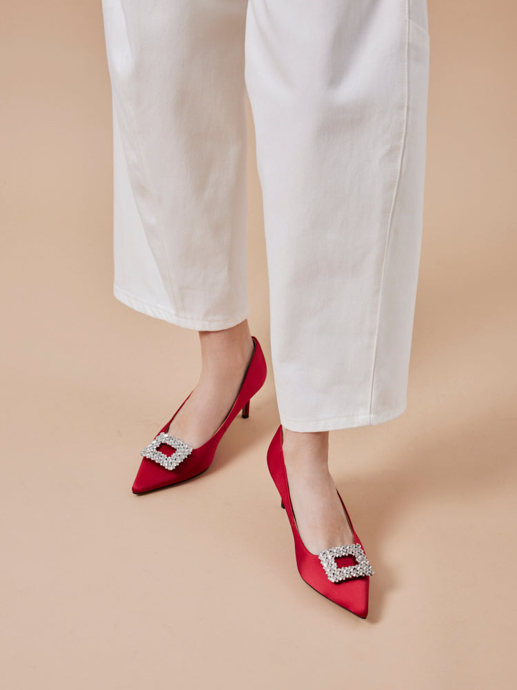 PAZZION, Cara Crystal Embellished Silk Heels, Red