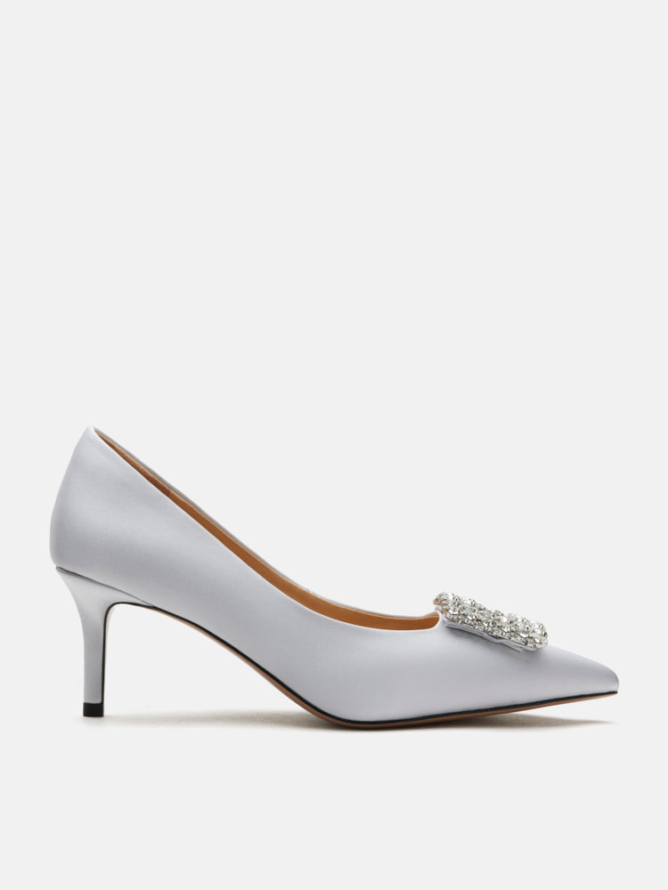 PAZZION, Cara Crystal Embellished Silk Heels, Silver