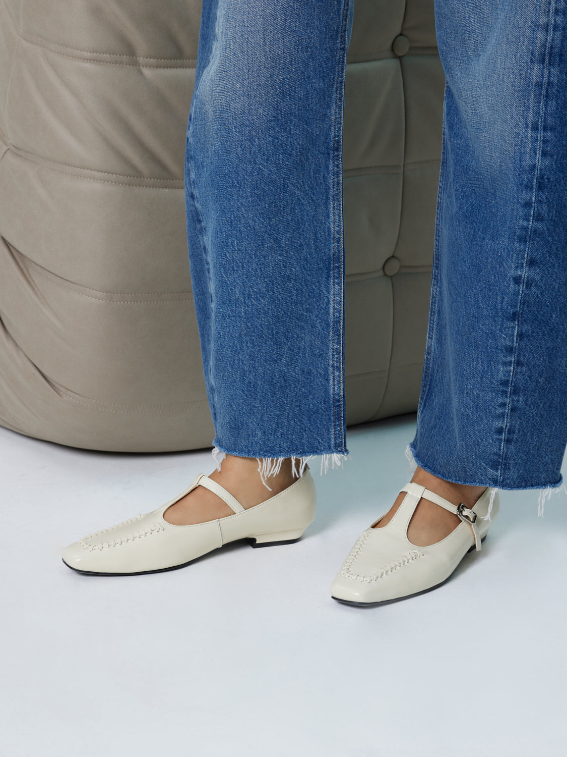 PAZZION, Cerelynn Buckled T-bar Leather Mary Janes, Beige