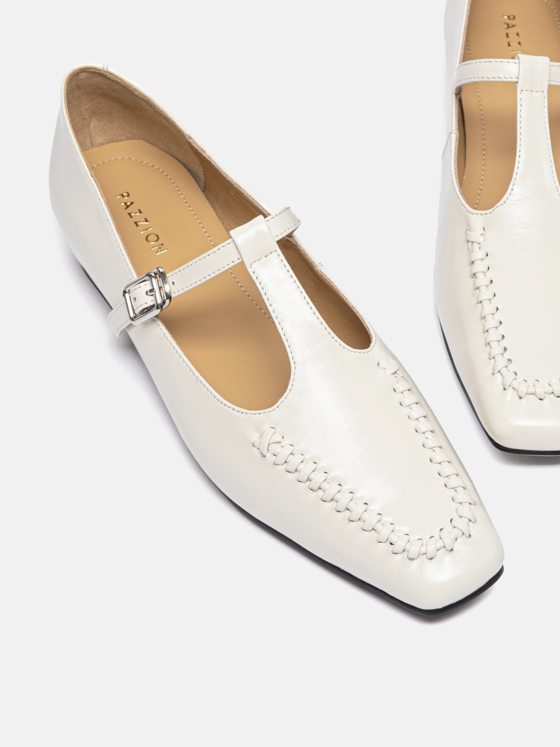 PAZZION, Cerelynn Buckled T-bar Leather Mary Janes, Beige
