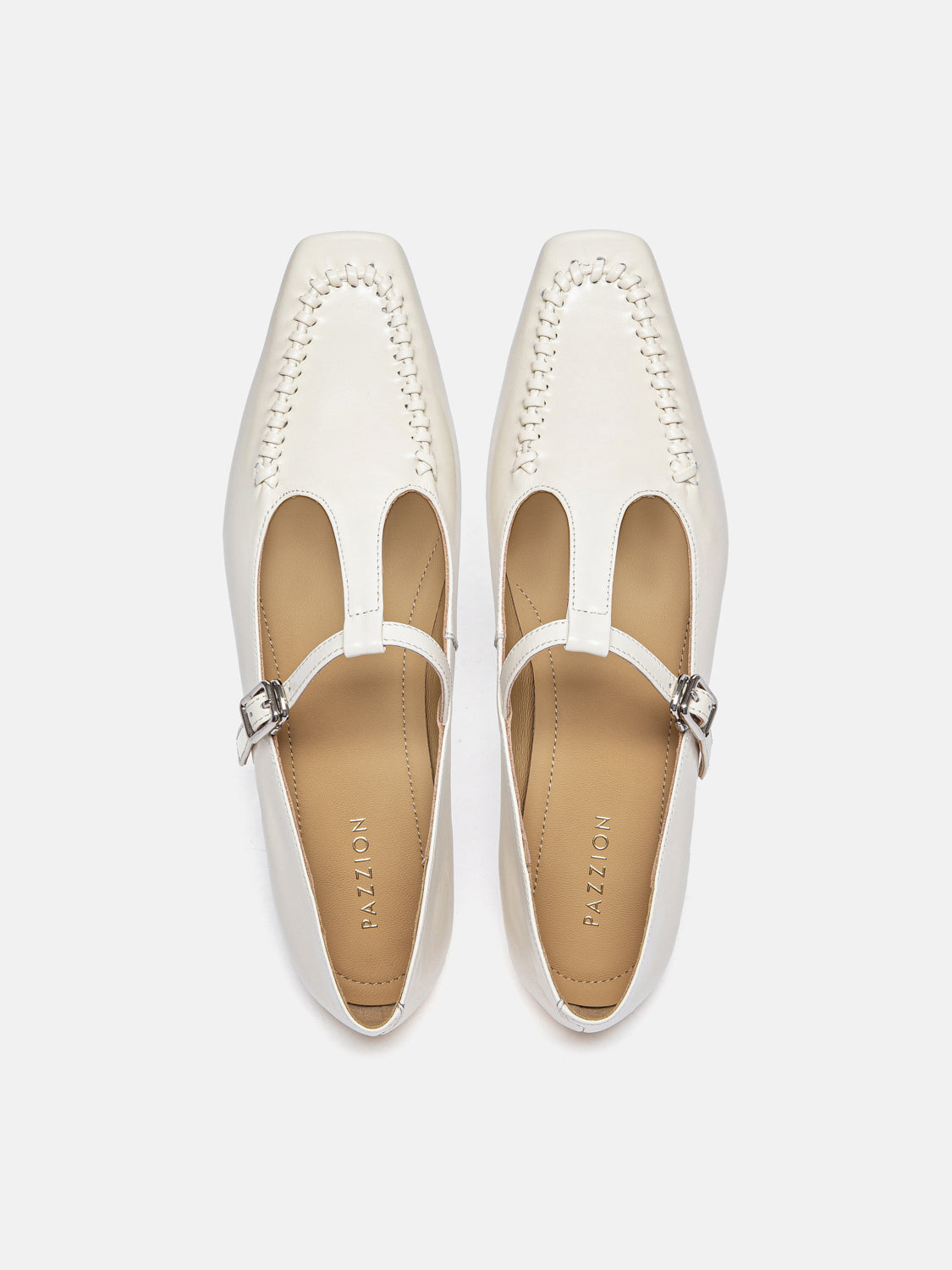 PAZZION, Cerelynn Buckled T-bar Leather Mary Janes, Beige