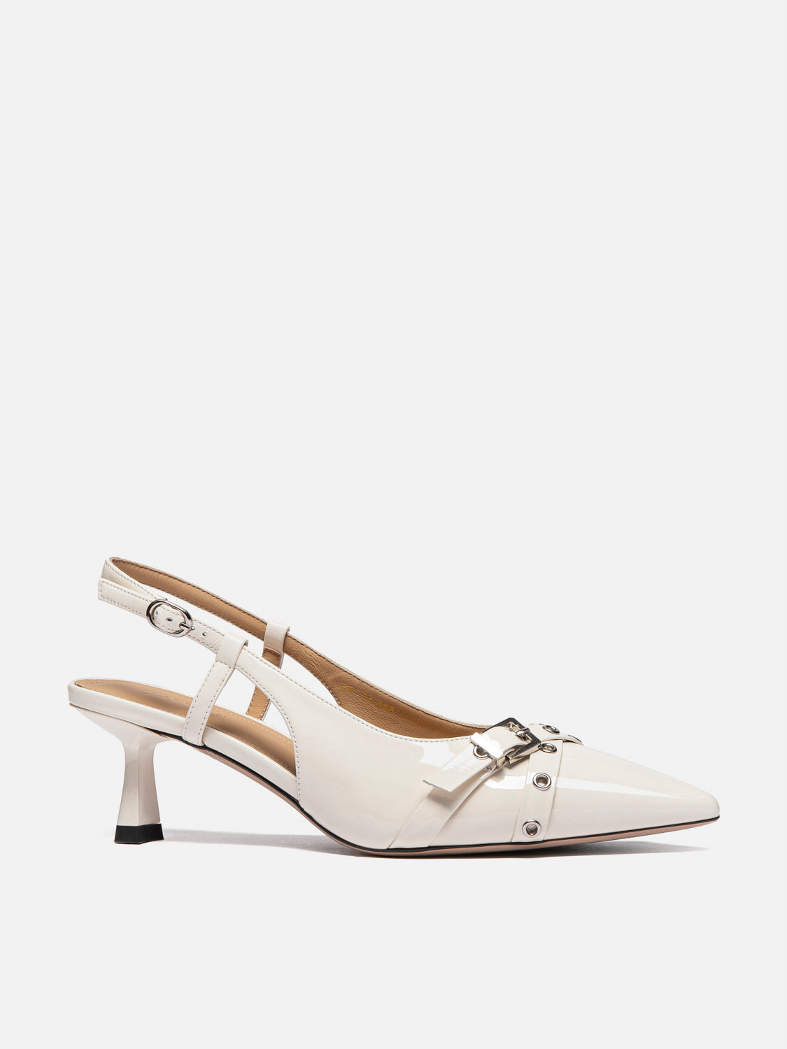 PAZZION, Cherivelle Buckled Patent Slingback Heels, Beige