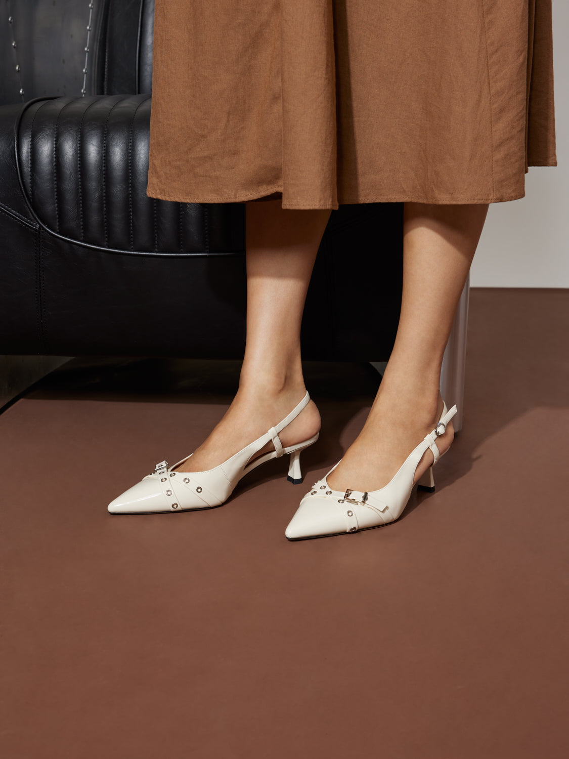 PAZZION, Cherivelle Buckled Patent Slingback Heels, Beige