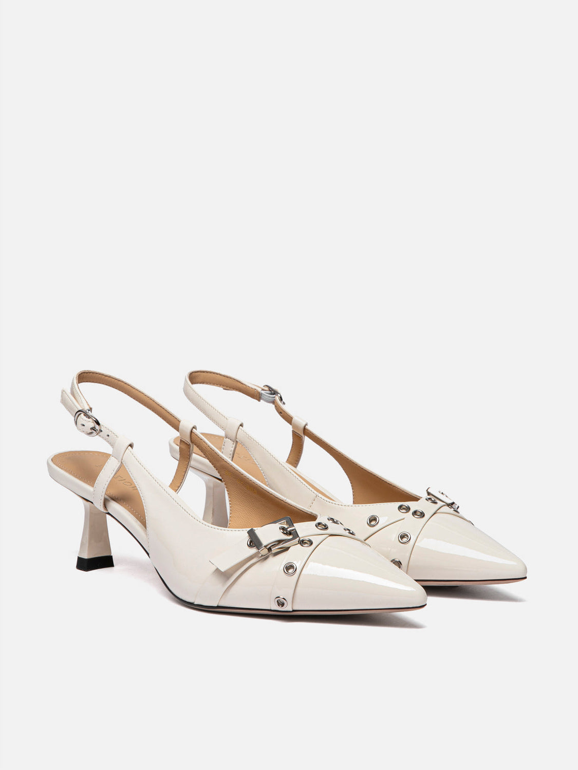 PAZZION, Cherivelle Buckled Patent Slingback Heels, Beige