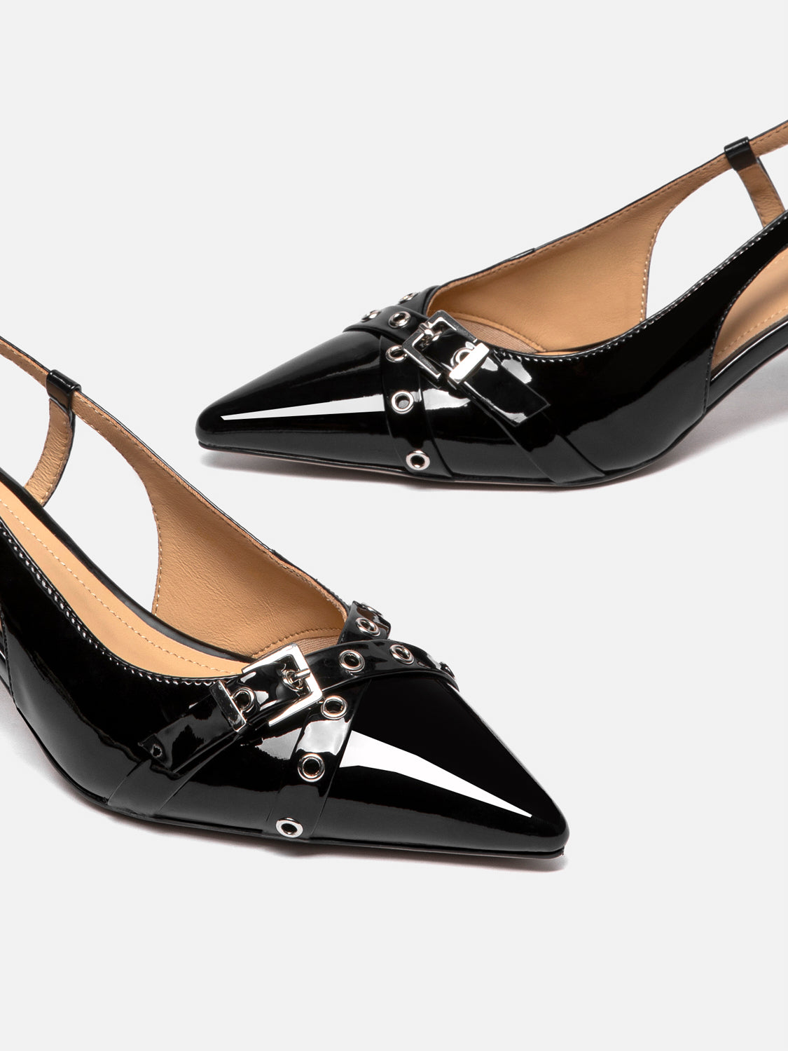PAZZION, Cherivelle Buckled Patent Slingback Heels, Black