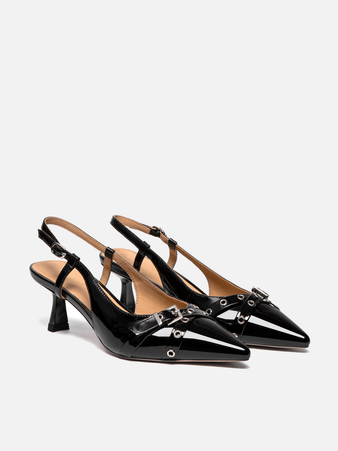 PAZZION, Cherivelle Buckled Patent Slingback Heels, Black