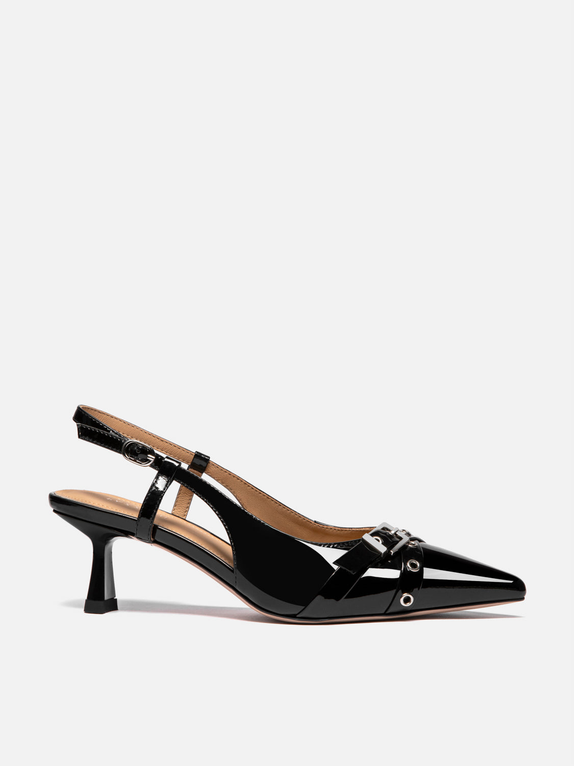 PAZZION, Cherivelle Buckled Patent Slingback Heels, Black