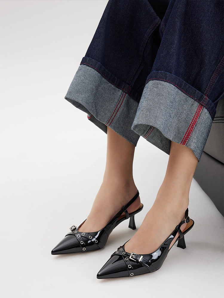 PAZZION, Cherivelle Buckled Patent Slingback Heels, Black