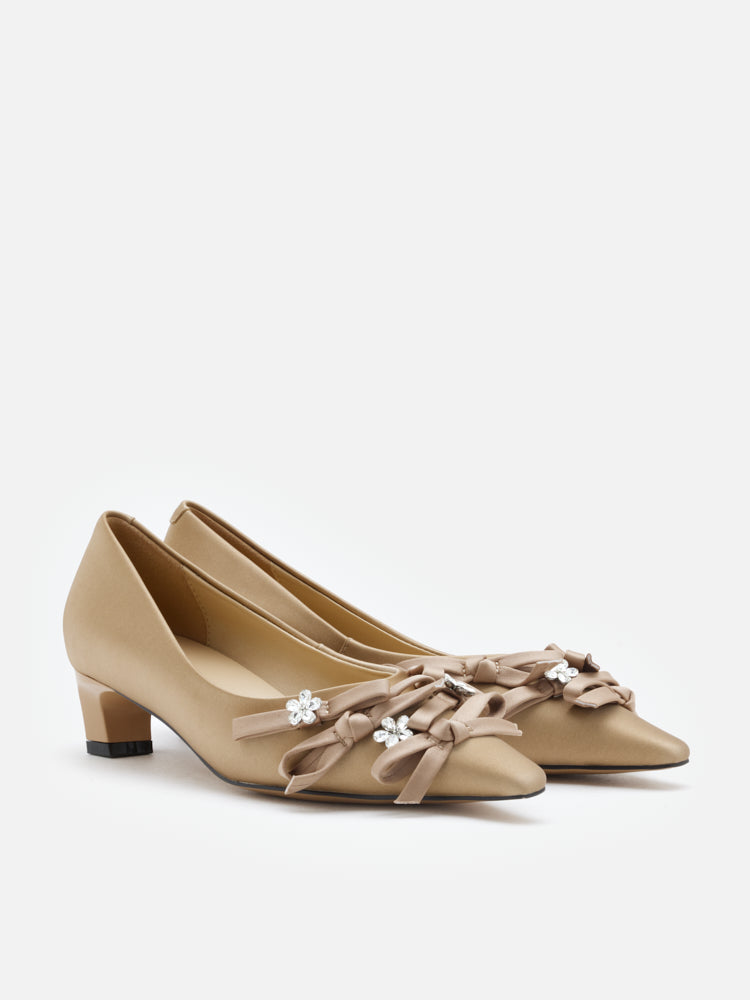 PAZZION, Coco Embellished Bow Heels, Khaki