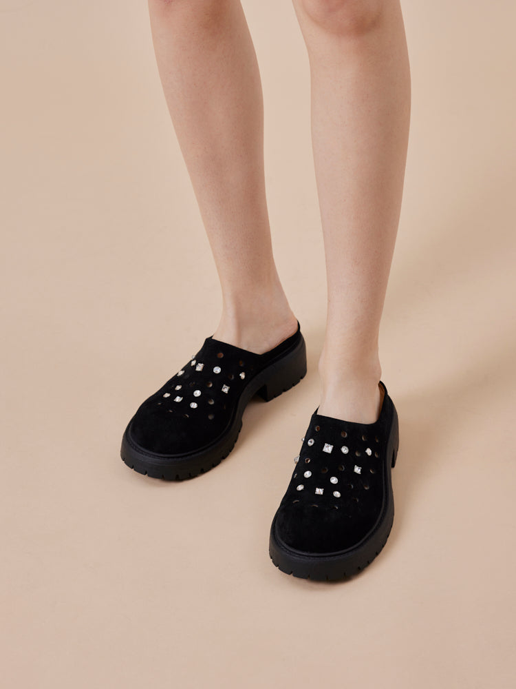 PAZZION, Collette Suede Embellished Clog Mules, Black
