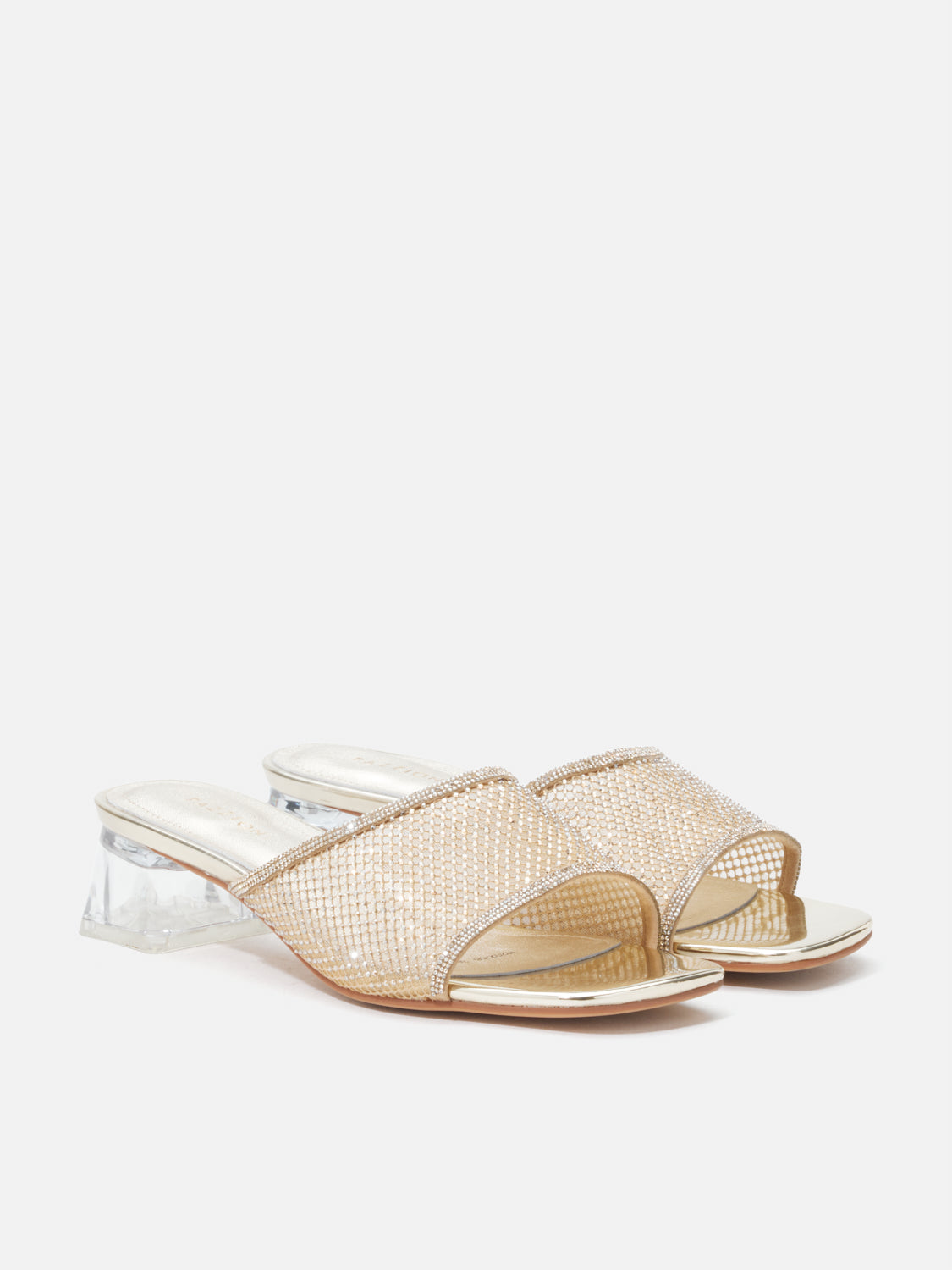 PAZZION, Davina Crystal Embellished Mesh Sandal Heels - Gold, Gold