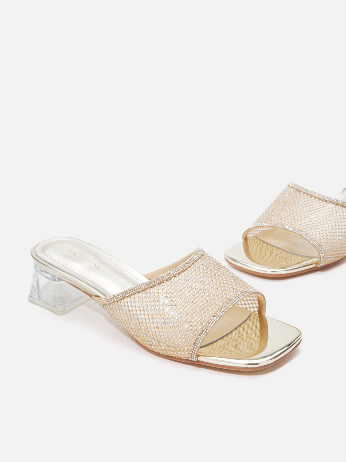 PAZZION, Davina Crystal Embellished Mesh Sandal Heels - Gold, Gold