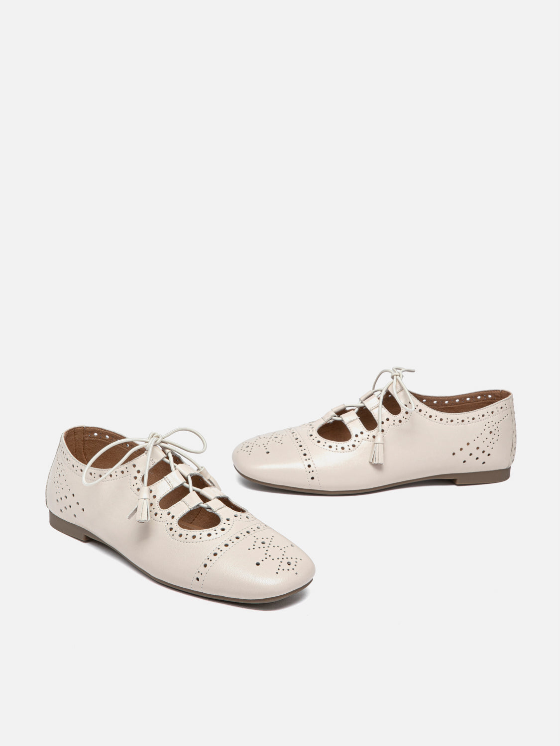 PAZZION, Demi Laced up Perforated Leather Flats - Beige, Beige