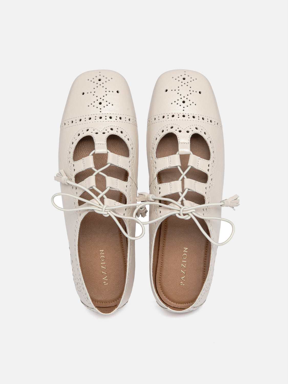 PAZZION, Demi Laced up Perforated Leather Flats - Beige, Beige