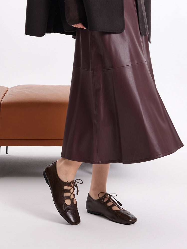 PAZZION, Demi Laced up Perforated Leather Flats - Dark Brown